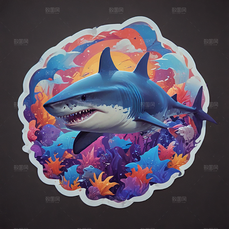 海鲨卡通插画风格贴纸