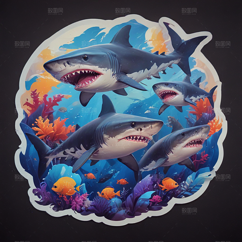海鲨卡通插画风格贴纸
