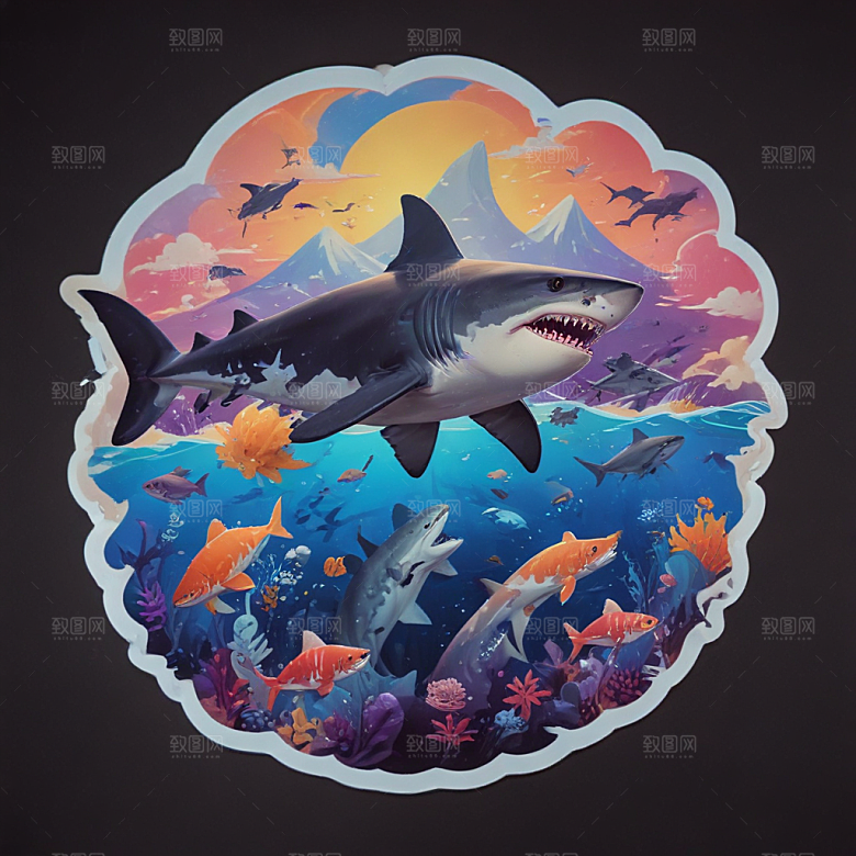 海鲨卡通插画风格贴纸