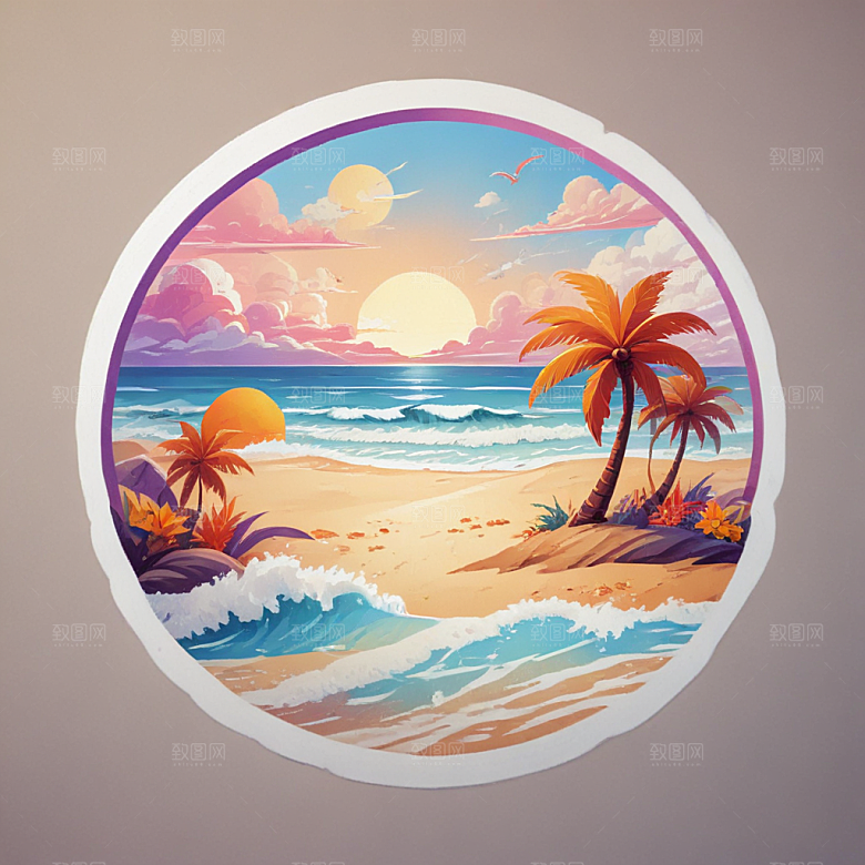 海滩日落卡通插画风格