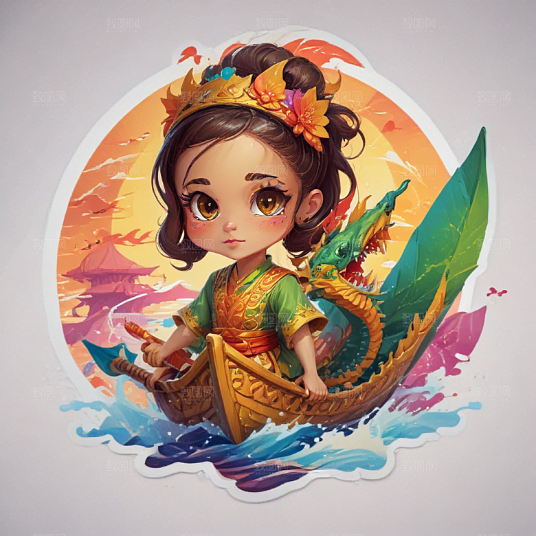 赛龙舟卡通插画风格贴纸