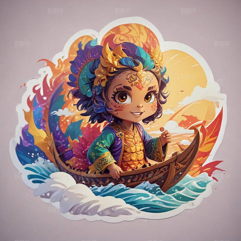 赛龙舟卡通插画风格贴纸