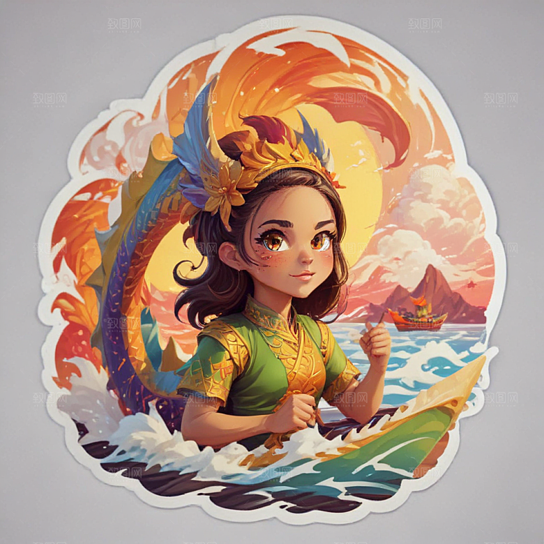 端午龙舟赛卡通插画风格贴纸