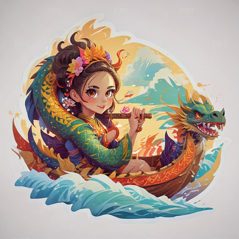 端午龙舟赛卡通插画风格贴纸