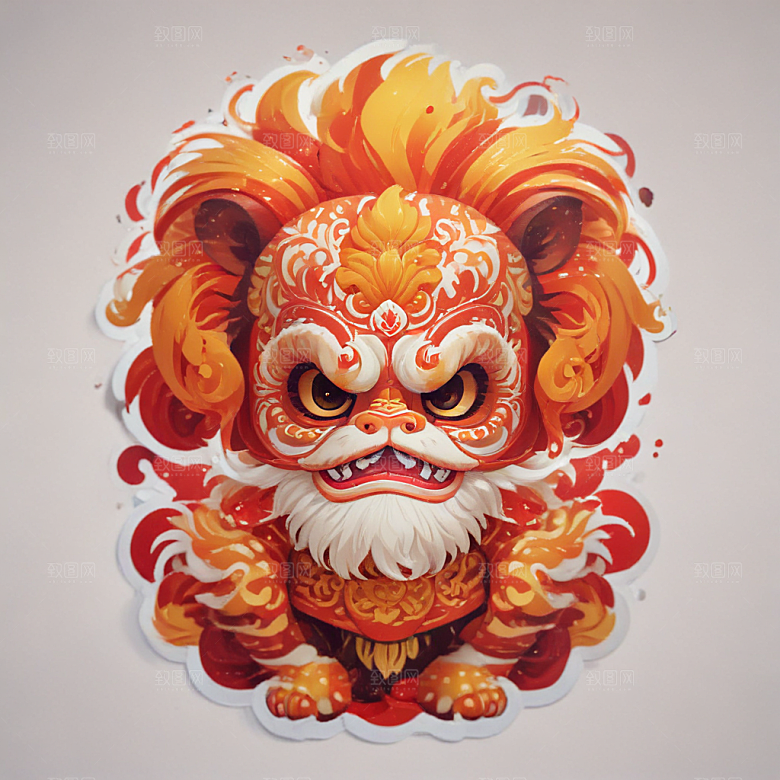 赛狮舞卡通插画风格贴纸