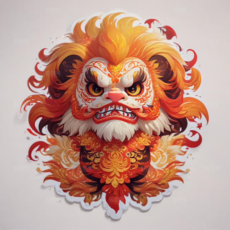 赛狮舞卡通插画风格贴纸