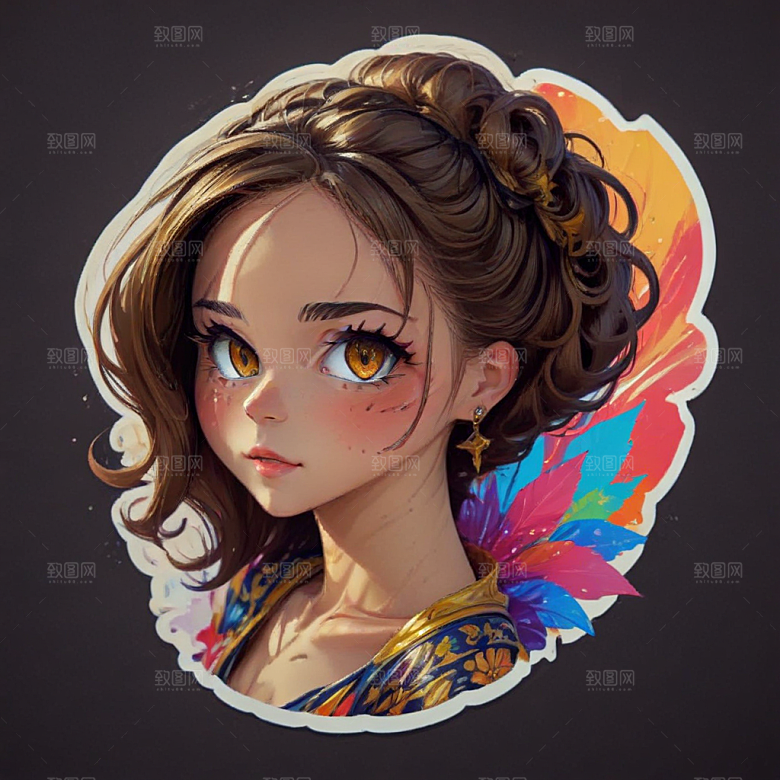 古风少女插画色彩鲜艳风格可爱卡通图片