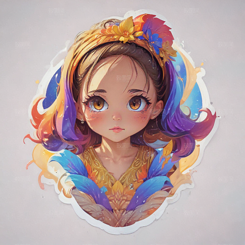 古风少女插画色彩鲜艳风格可爱卡通图片