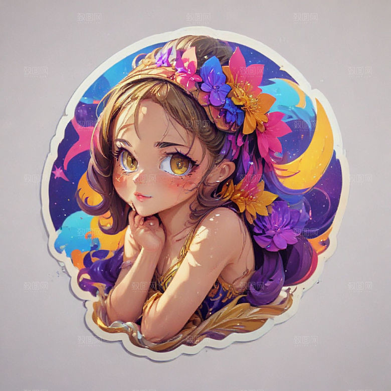 古风少女插画色彩鲜艳风格可爱卡通图片