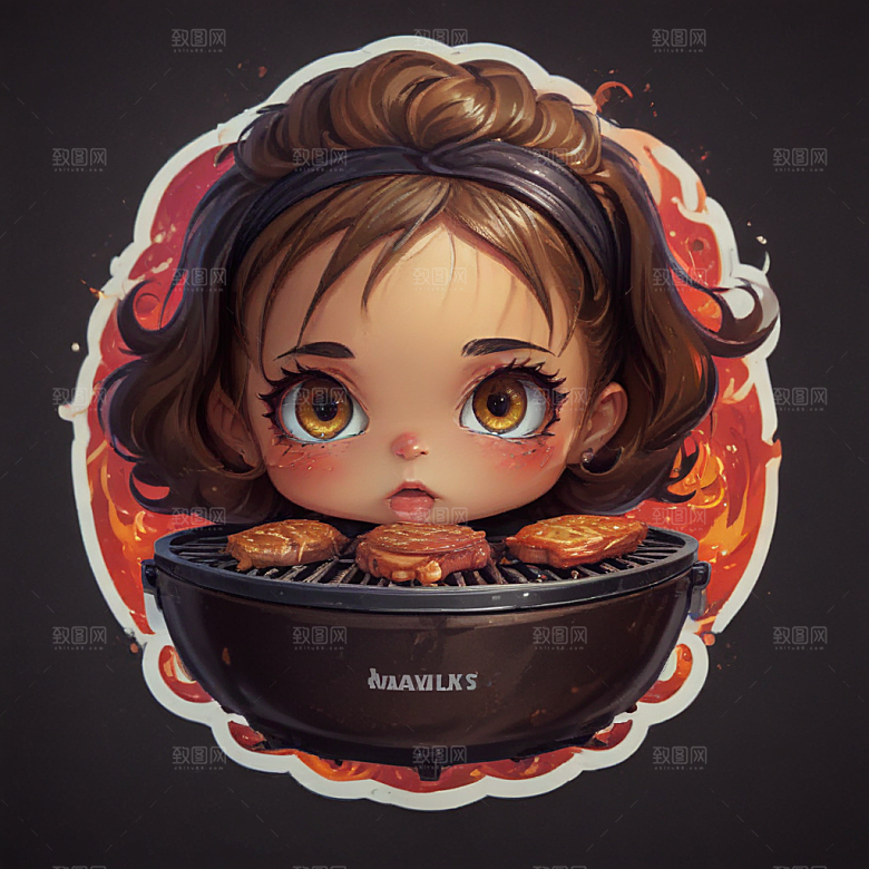 萌系烧烤小美女插画图片