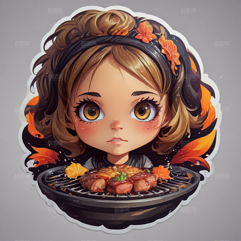 萌系烧烤小美女插画图片