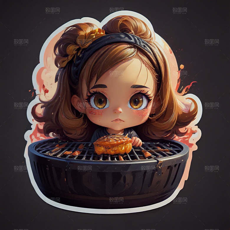 萌系烧烤小美女插画图片