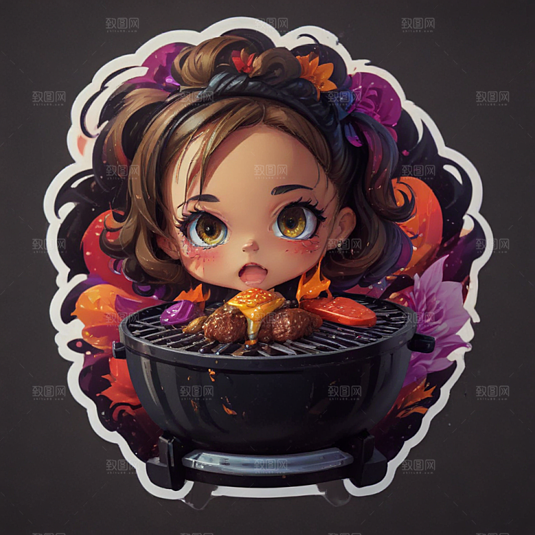 萌系烧烤小美女插画图片
