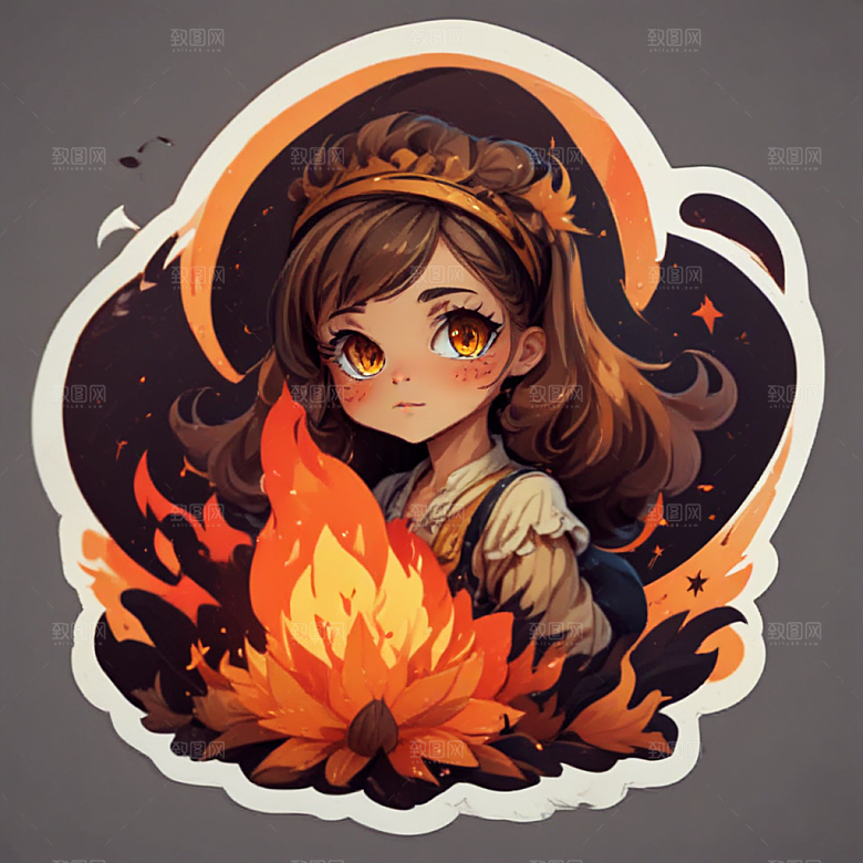 温暖治愈系插画小女孩与篝火图片