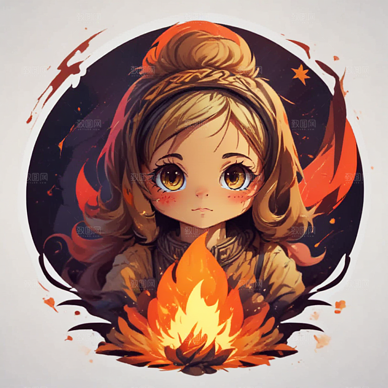 温暖治愈系插画小女孩与篝火图片