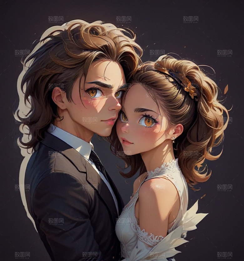现代风格情侣婚纱插画图片