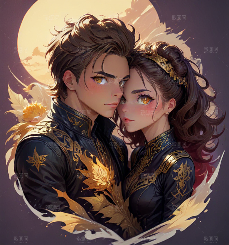 现代风格情侣婚纱插画图片
