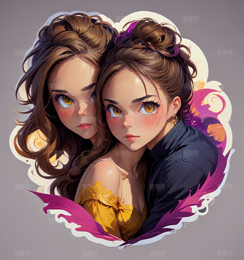 现代风格情侣婚纱插画图片