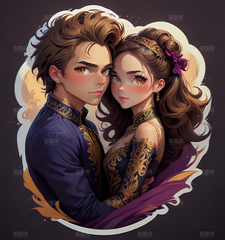 现代风格情侣婚纱插画图片
