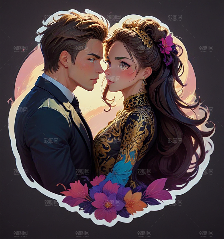 现代风格情侣婚纱插画图片