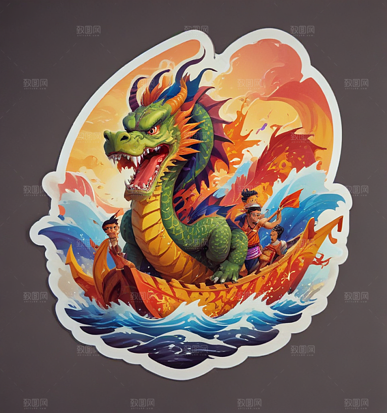 赛龙舟卡通插画风格贴纸