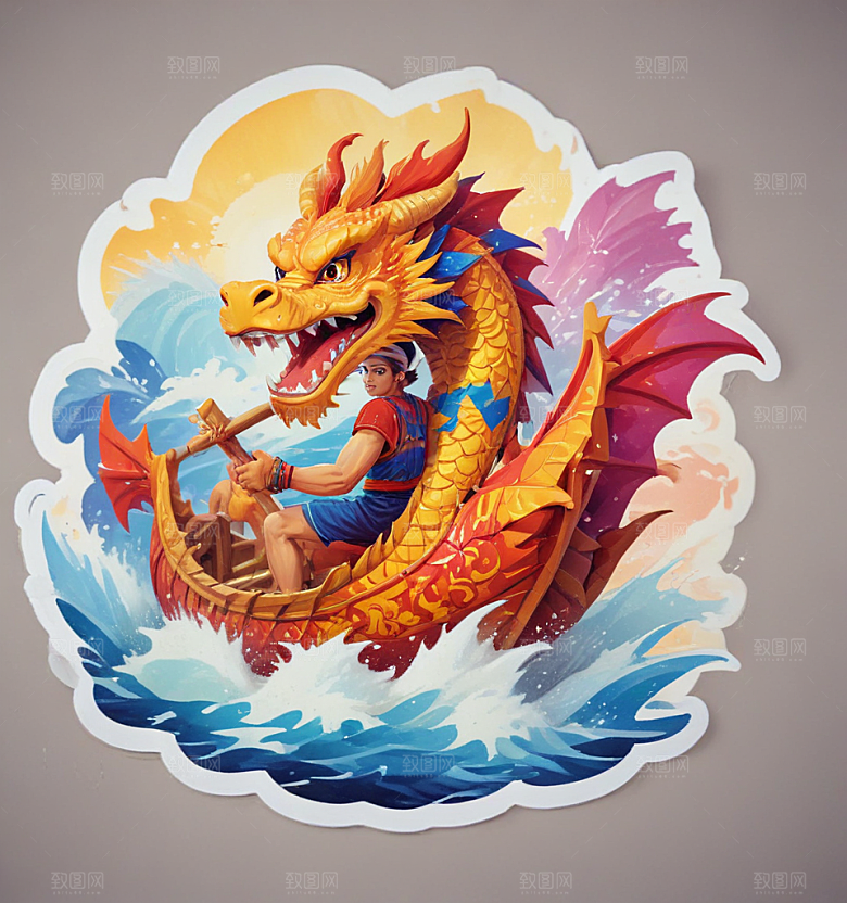 赛龙舟卡通插画风格贴纸