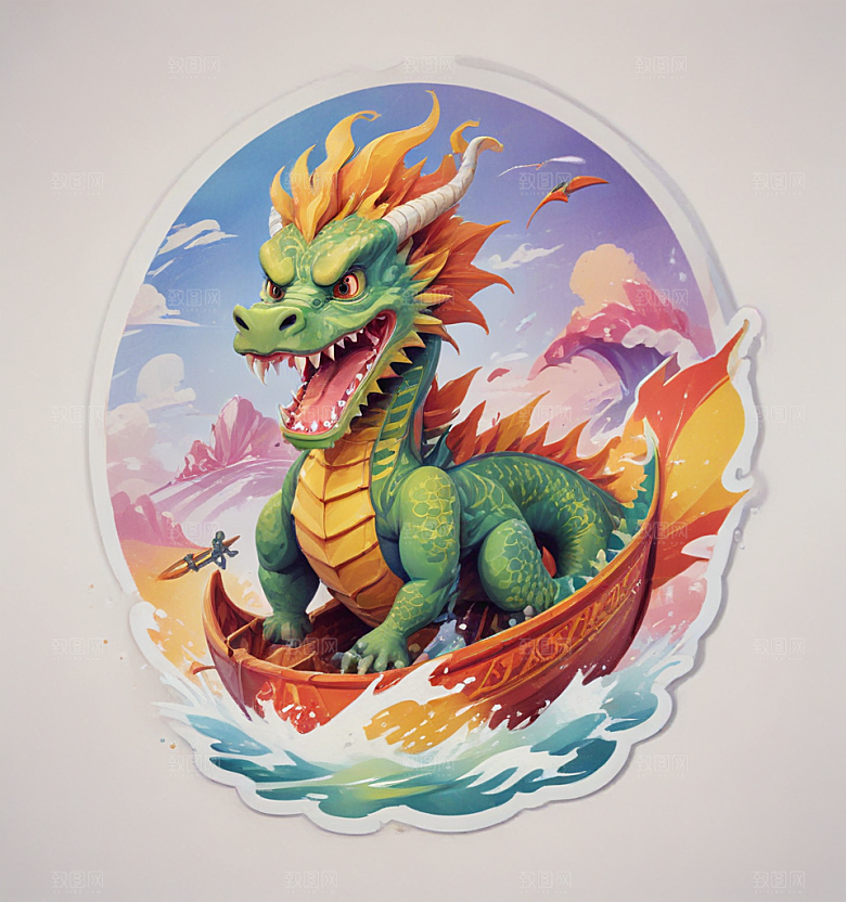 赛龙舟卡通插画风格贴纸
