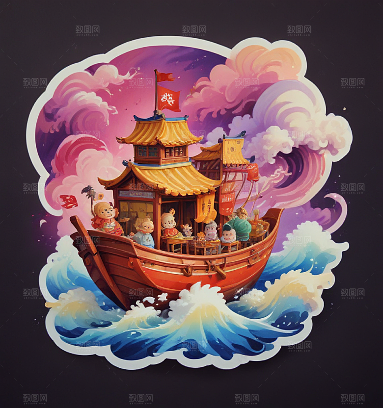 面人船卡通插画风格贴纸