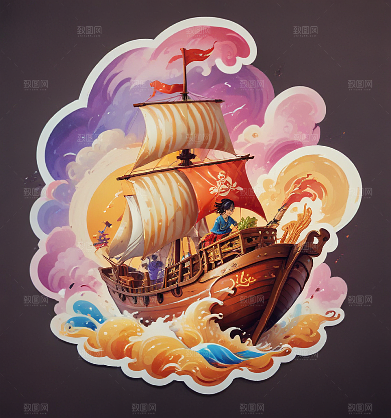 面人船卡通插画风格贴纸