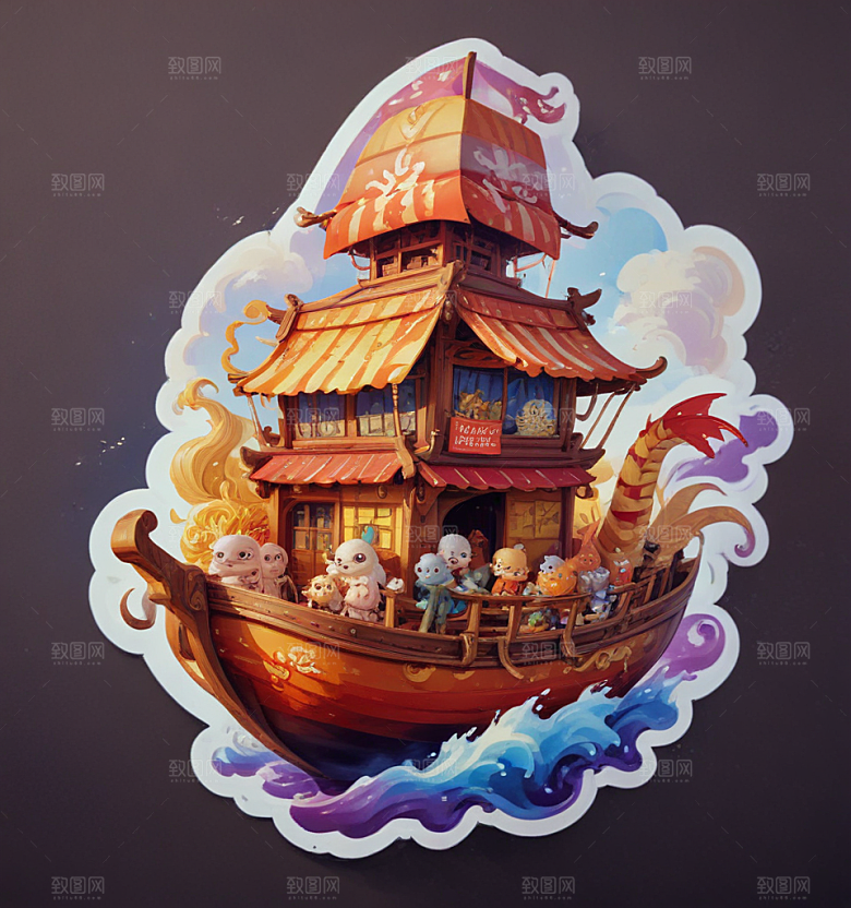 面人船卡通插画风格贴纸