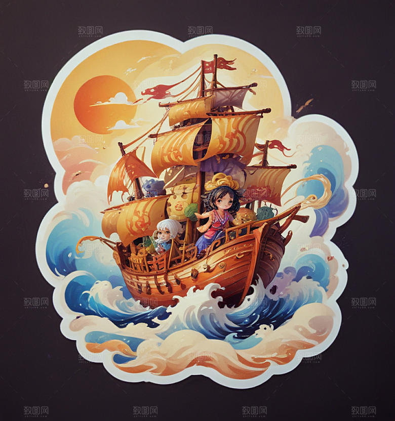 面人船卡通插画风格贴纸