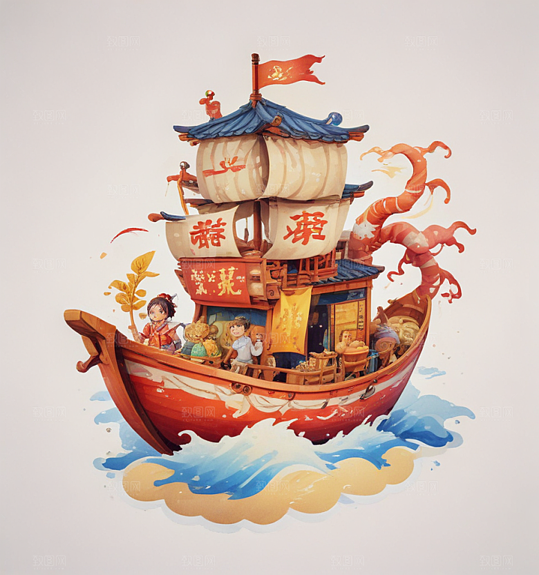 面人船卡通插画风格贴纸