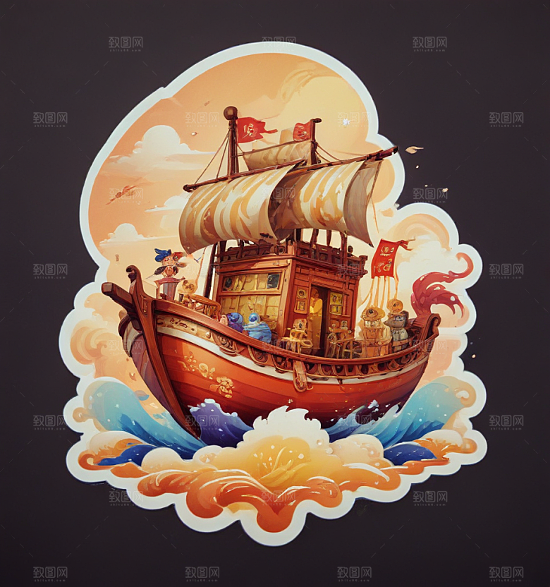 面人船卡通插画风格贴纸