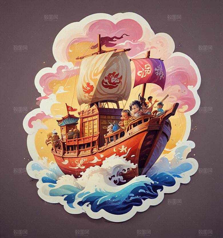 面人船卡通插画风格贴纸