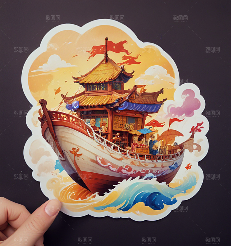 面人船卡通插画风格贴纸