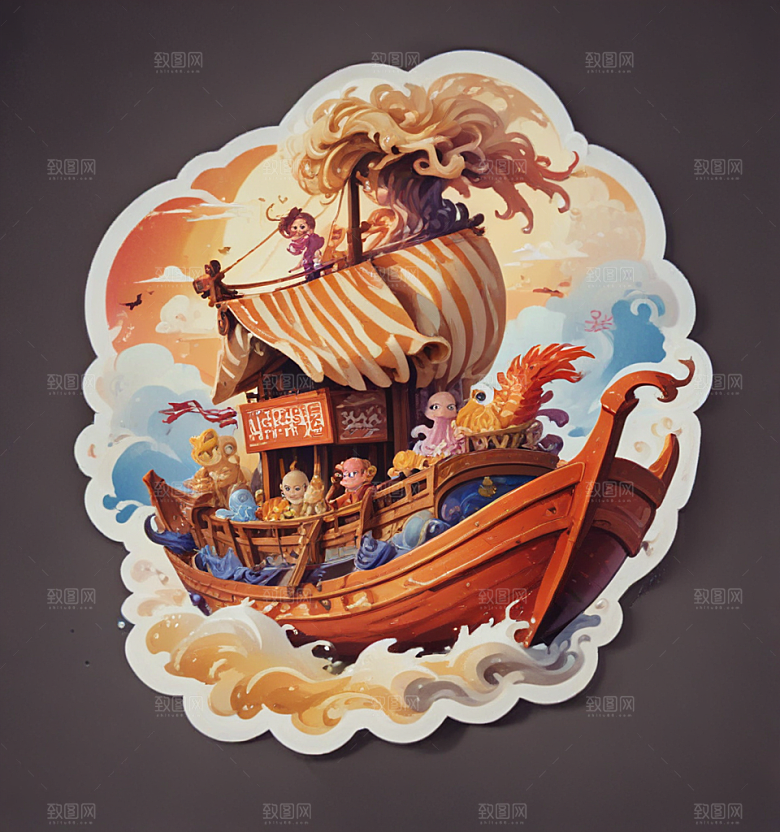 面人船卡通插画风格贴纸