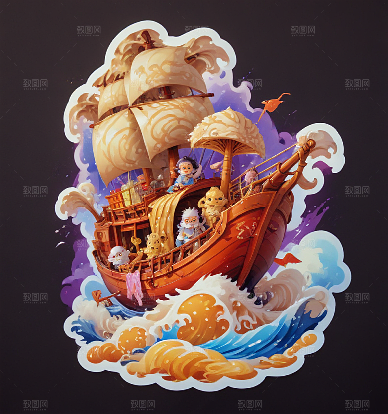 面人船卡通插画风格贴纸