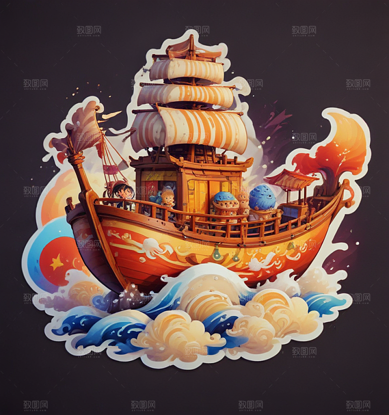 面人船卡通插画风格贴纸