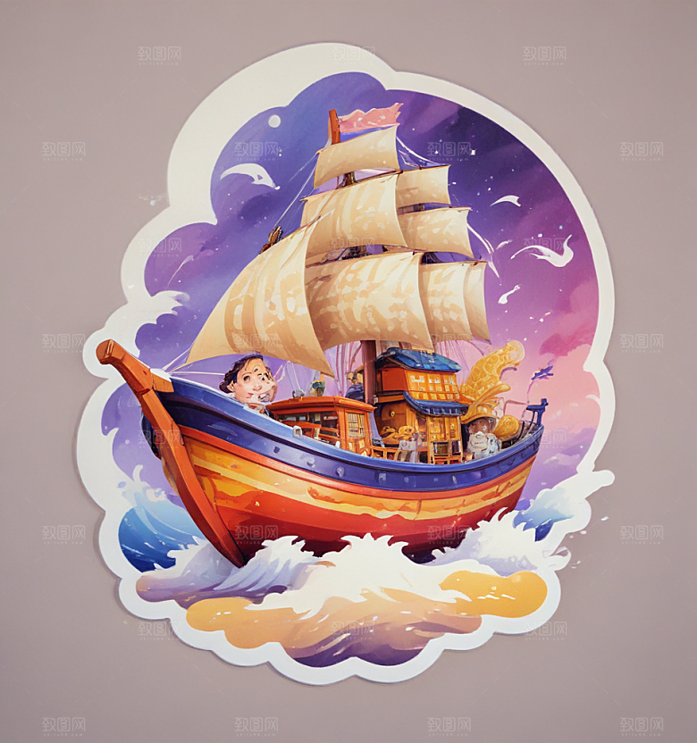 面人船卡通插画风格贴纸
