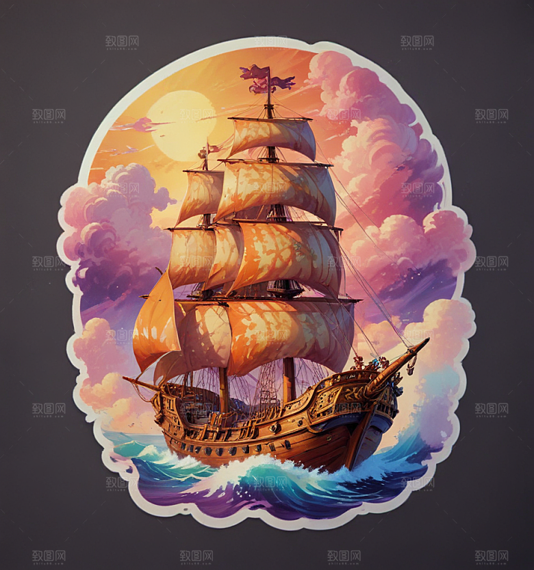 酒神船卡通插画风格贴纸