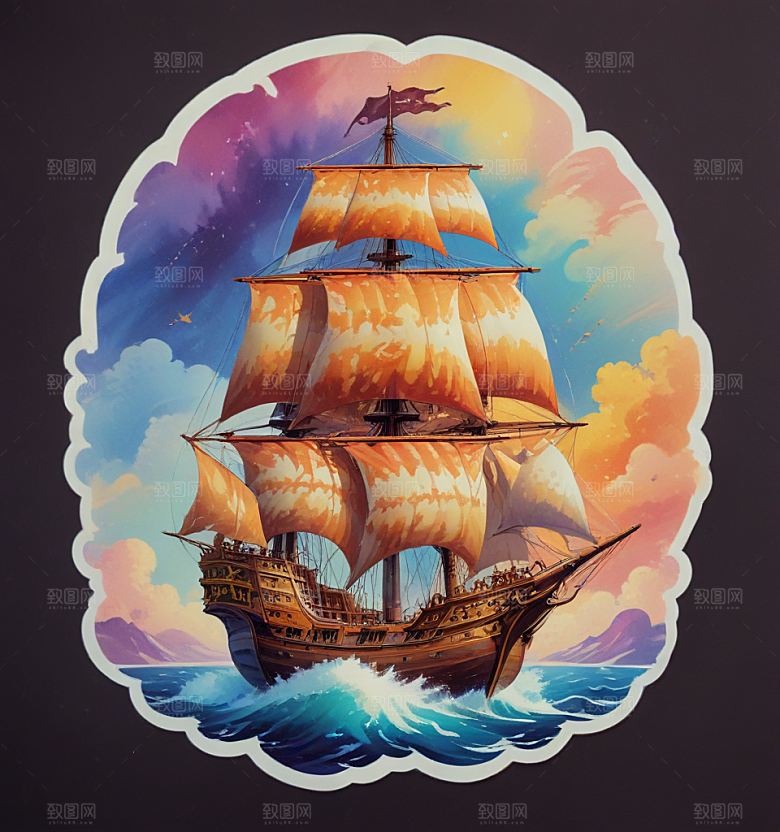 酒神船卡通插画风格贴纸