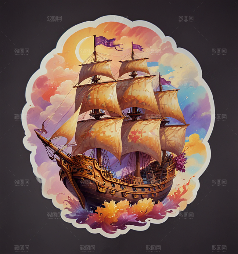 酒神船卡通插画风格贴纸