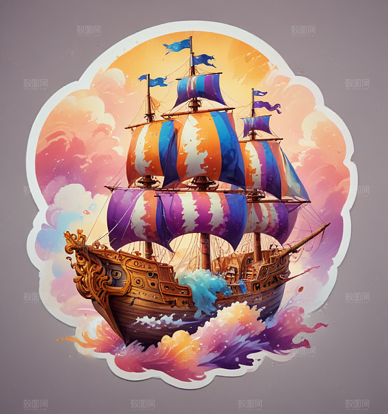 酒神船卡通插画风格贴纸