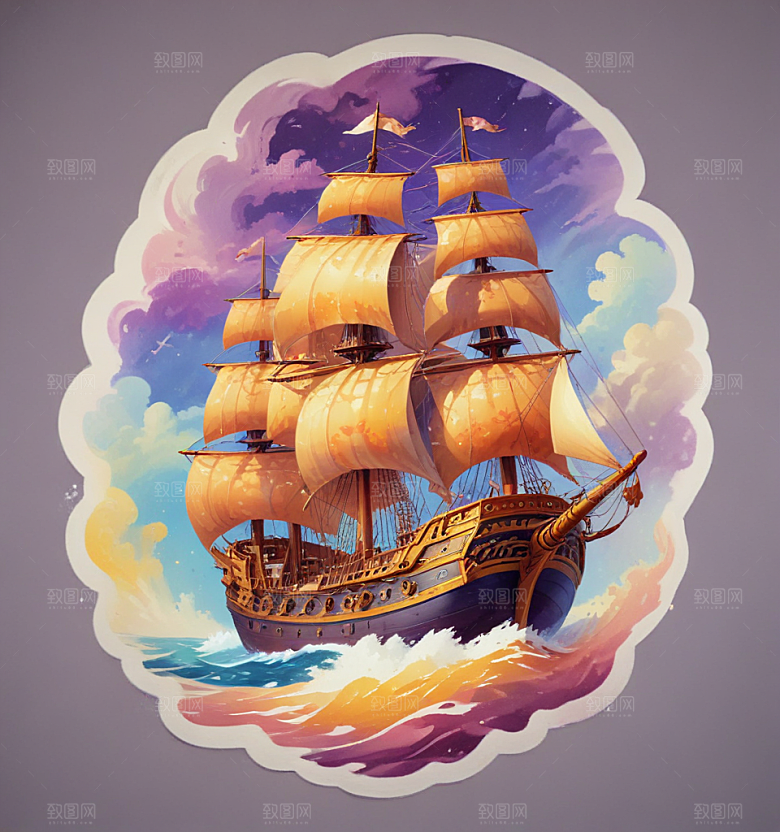 酒神船卡通插画风格贴纸