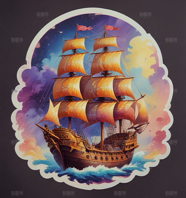 酒神船卡通插画风格贴纸