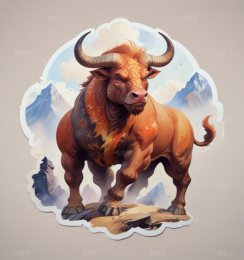云台山铁牛卡通插画风格贴纸