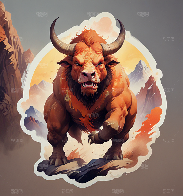云台山铁牛卡通插画风格贴纸