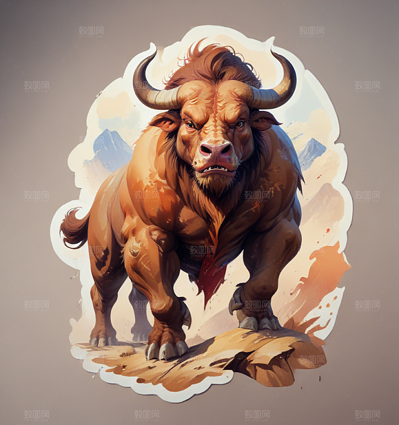 云台山铁牛卡通插画风格贴纸