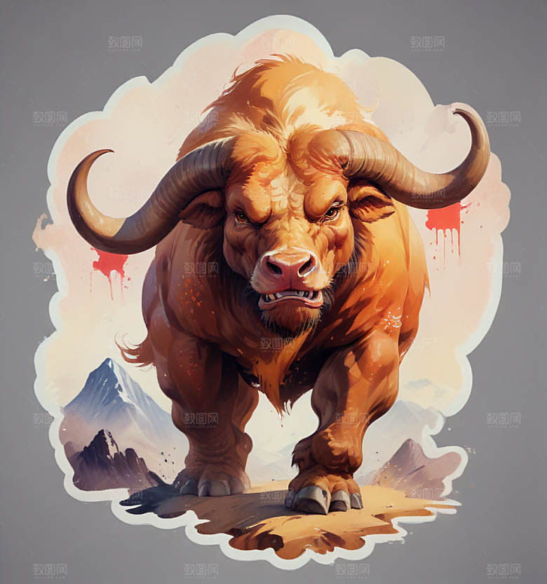 云台山铁牛卡通插画风格贴纸
