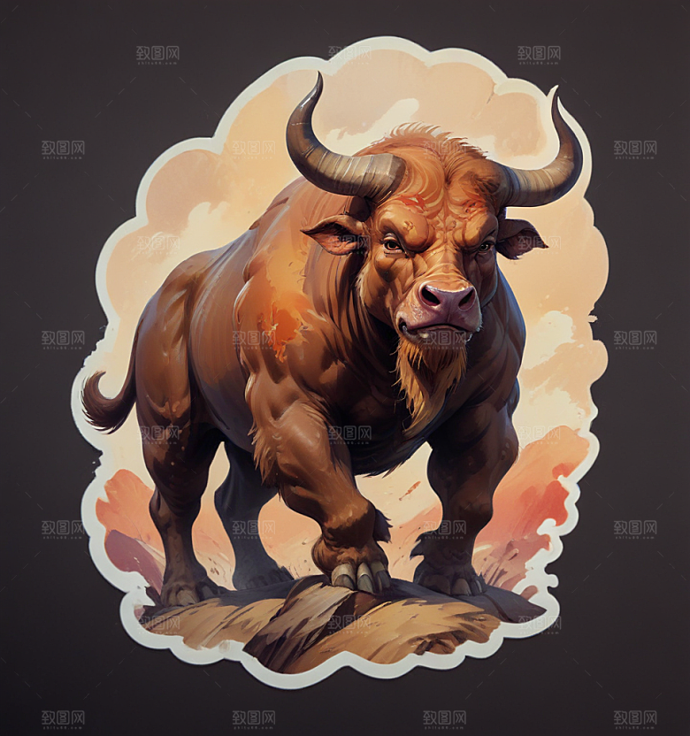 云台山铁牛卡通插画风格贴纸